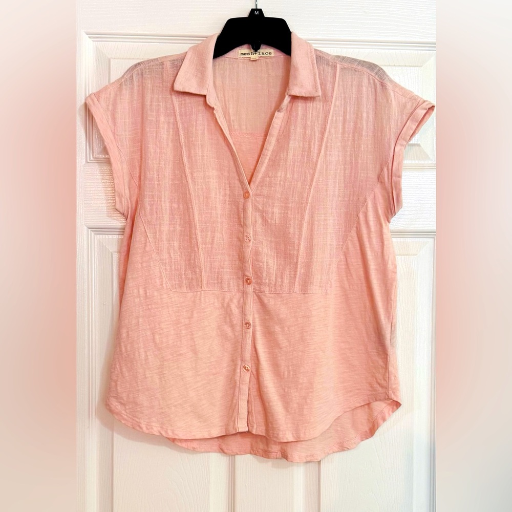 Mesh + Lace Size Medium  100% Cotton Pink Short Sleeve Button Front Blouse